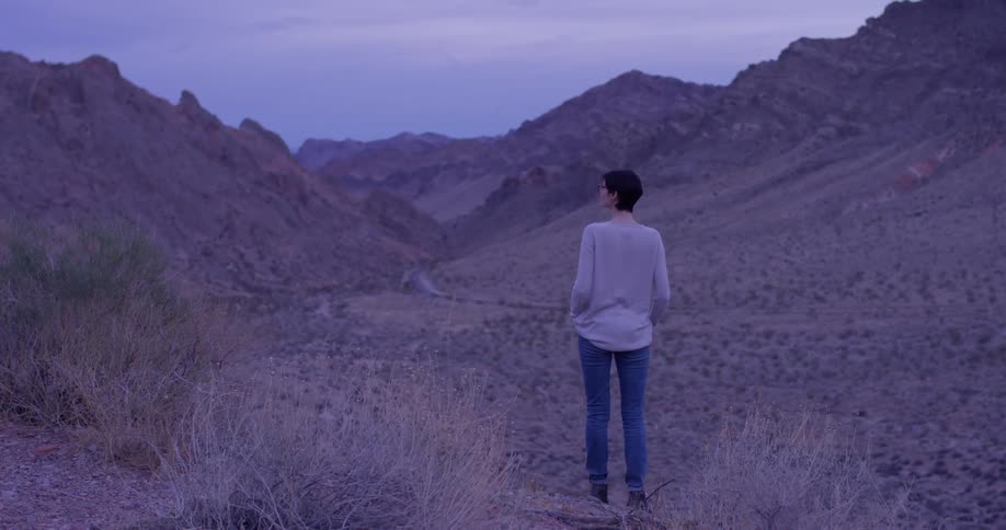 A woman standing at the foot of some mountains on a cloudy day