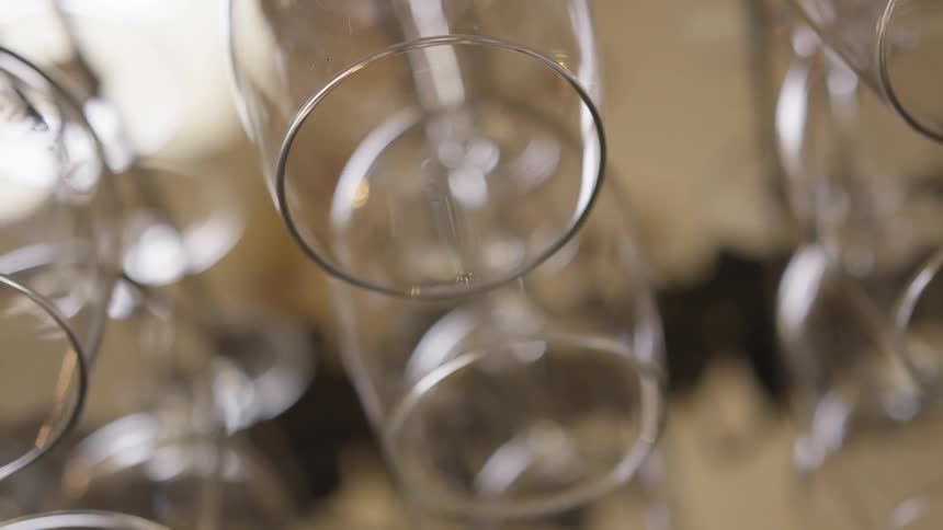Glasses hanging upside down in rows