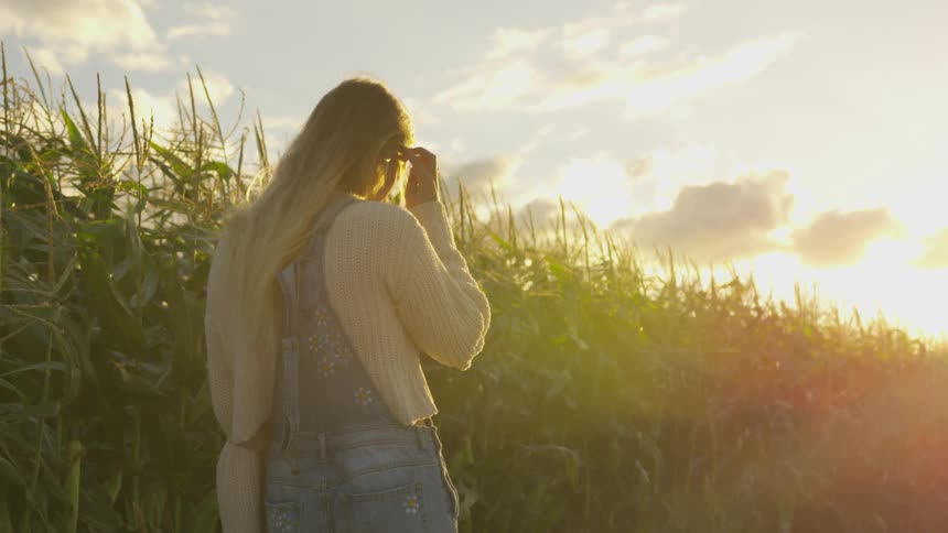 A woman is walking past the tall crops
