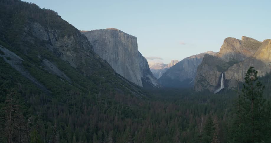 Tree covered rocky mountains on a clear day