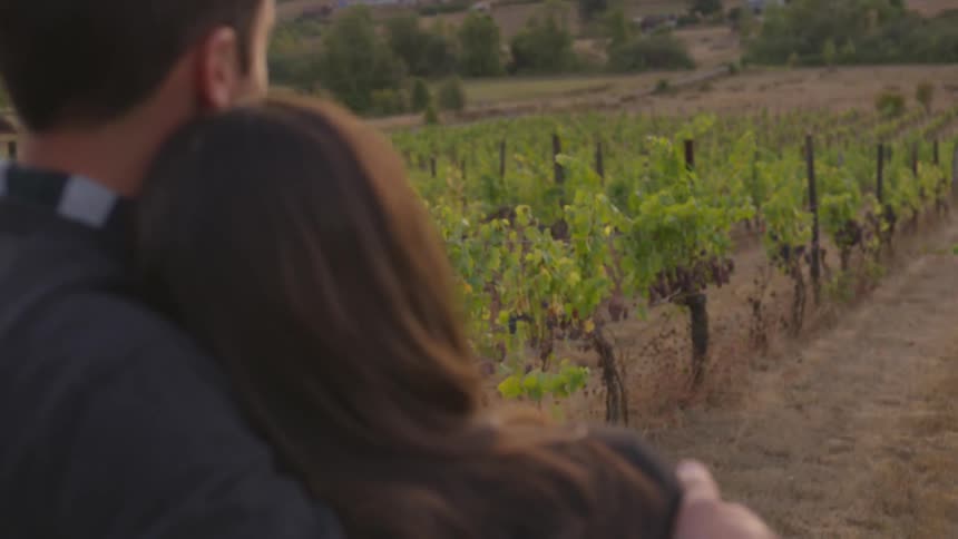 Man and woman cuddle as they stand near an orchard