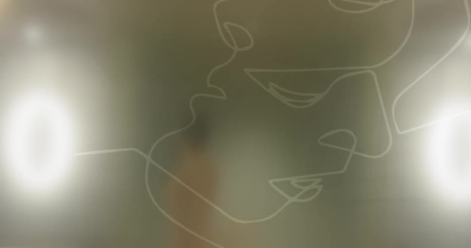 A person undresses behind the frosted glass