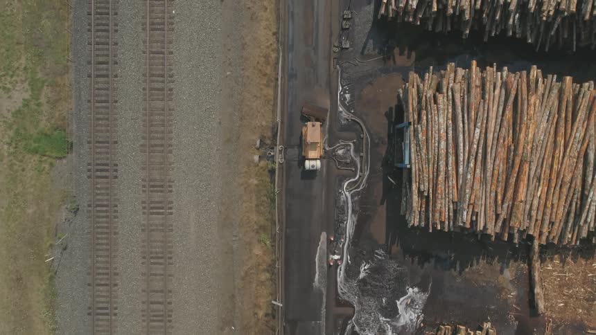 A truck travels on a road next to stacked timber