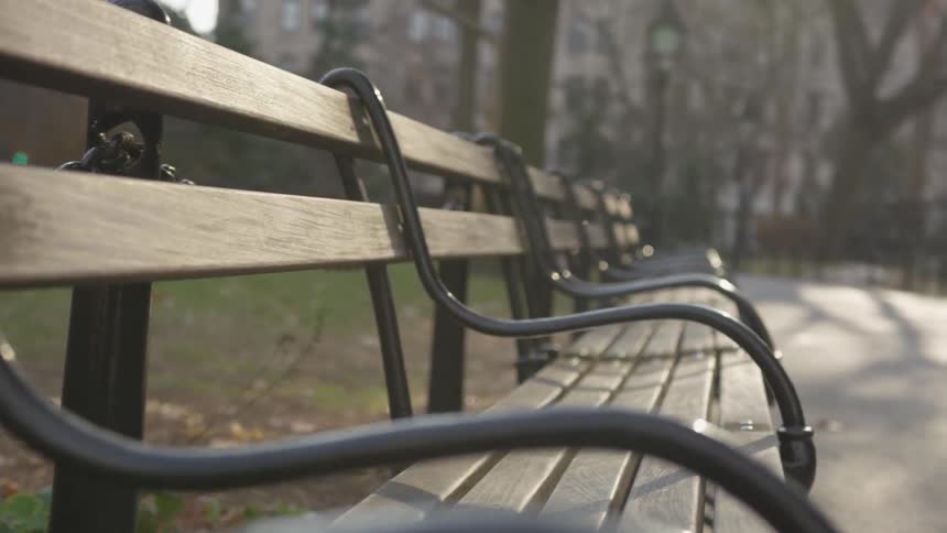 The benches in the park are empty