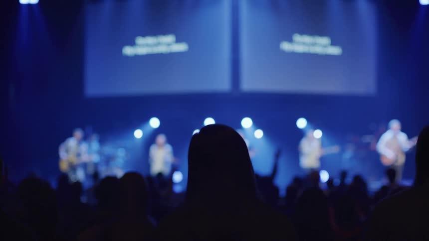 Large Audience stands in front of a band playing on stage