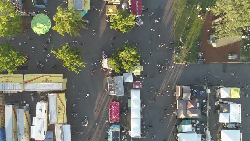 The streets below are full of people