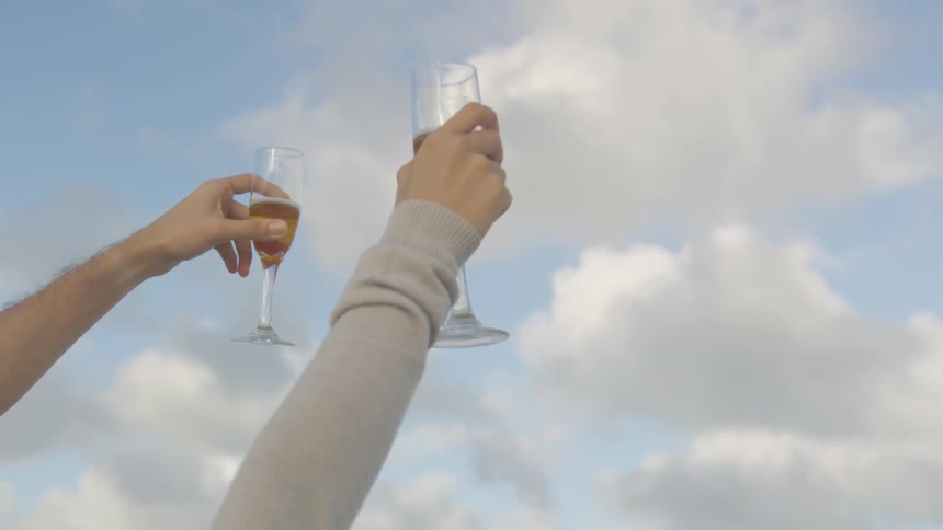 A man and a woman each hold a glass of champagne toward a cloudy sky