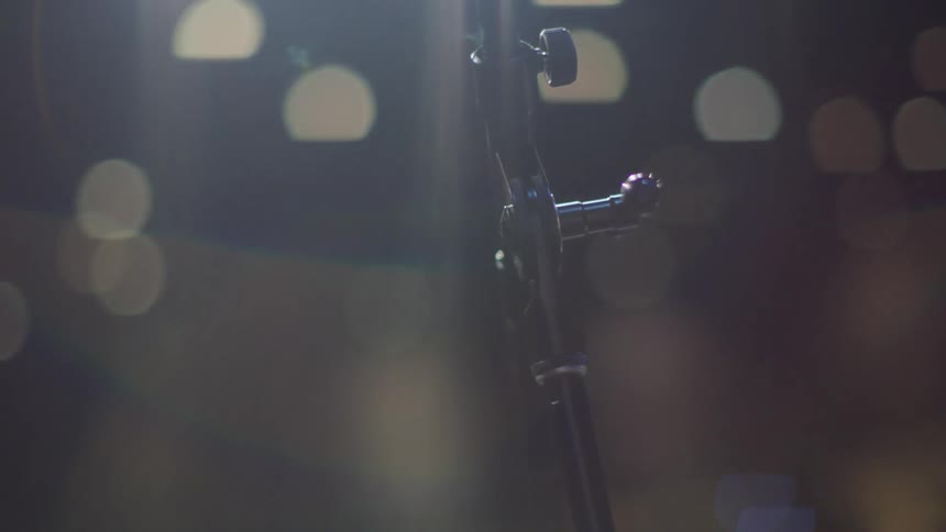 A microphone stands on a stage
