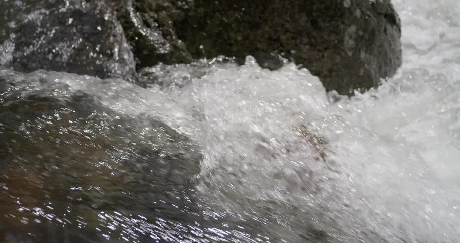 A stream of water rushes around a large rock