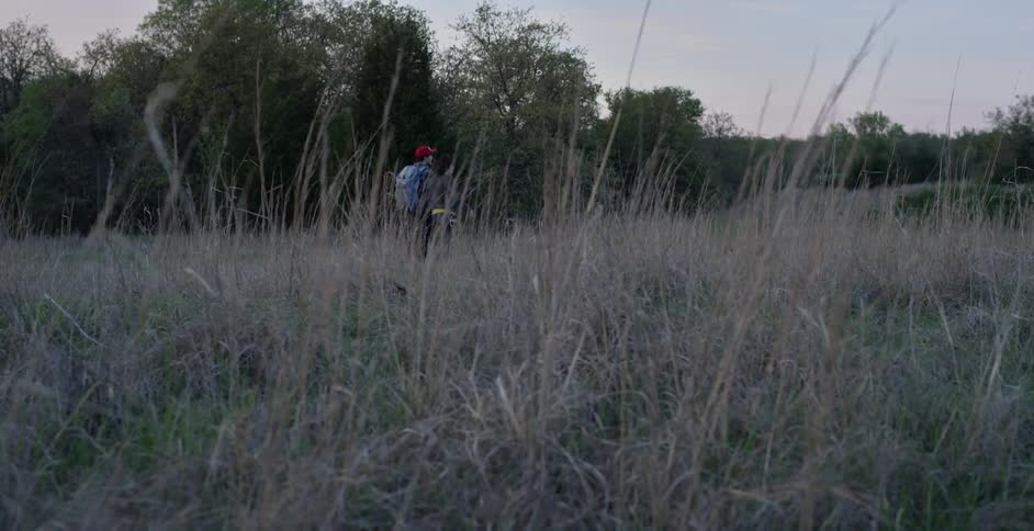 Two people walking and talking over a field with trees in the background