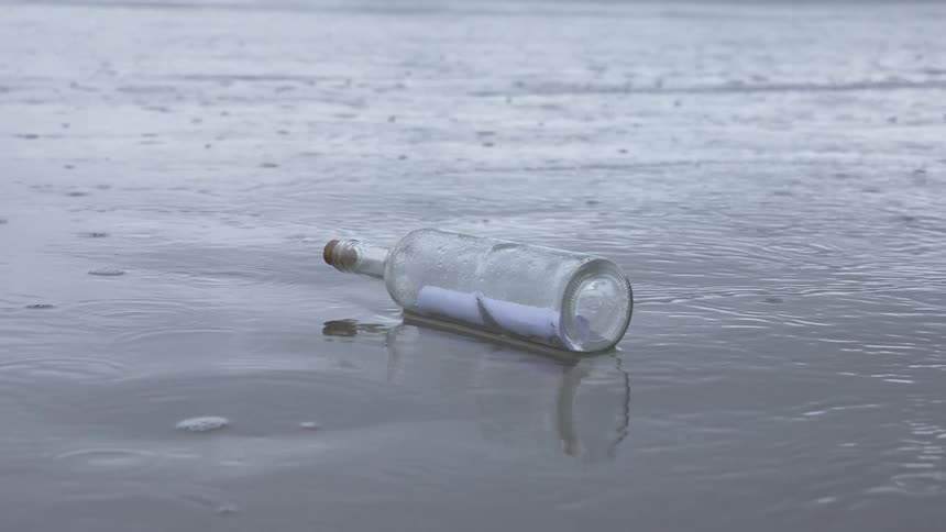 A message in a bottle lays in the water of the beach