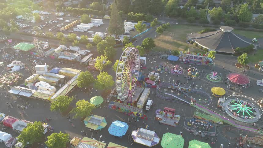 The carnival has many people and a ferris wheel