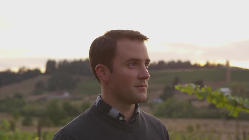 A man stands by a large farm area at sunset with some clouds in the sky