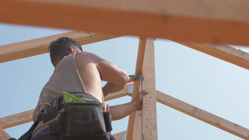 Construction worker removes a nail with a hammer claw