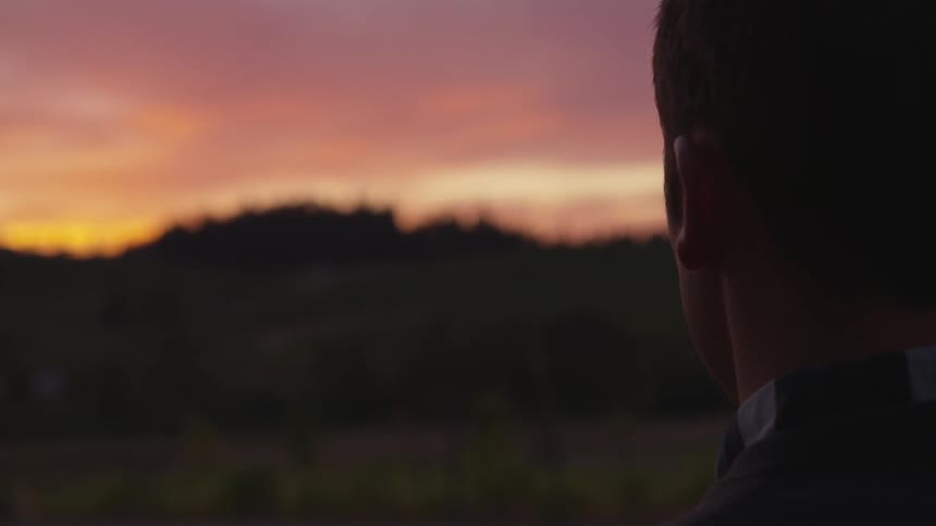 Person stands outside looking out at sunset