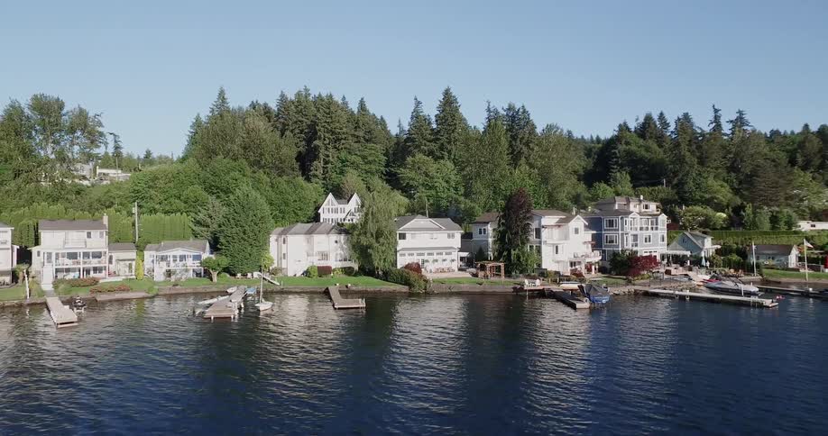 Houses and docks along a body of water surrounded by tall trees