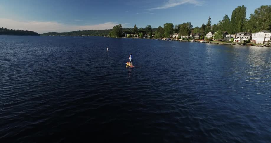A person rows a paddle board