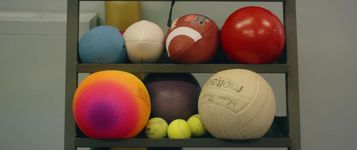 Athletic balls on two metal shelves