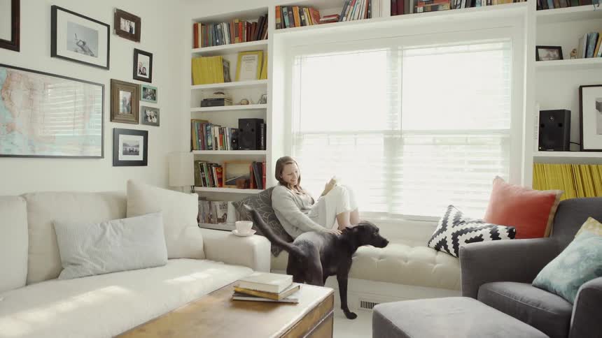 Woman sits on a couch next to a window and pets a dog