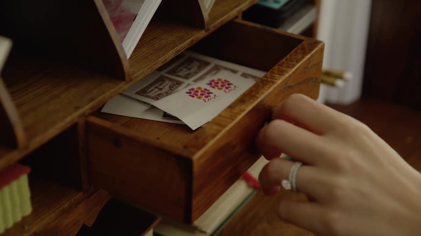 Woman pulls a drawer open on a desk and takes out a sheet of stamps