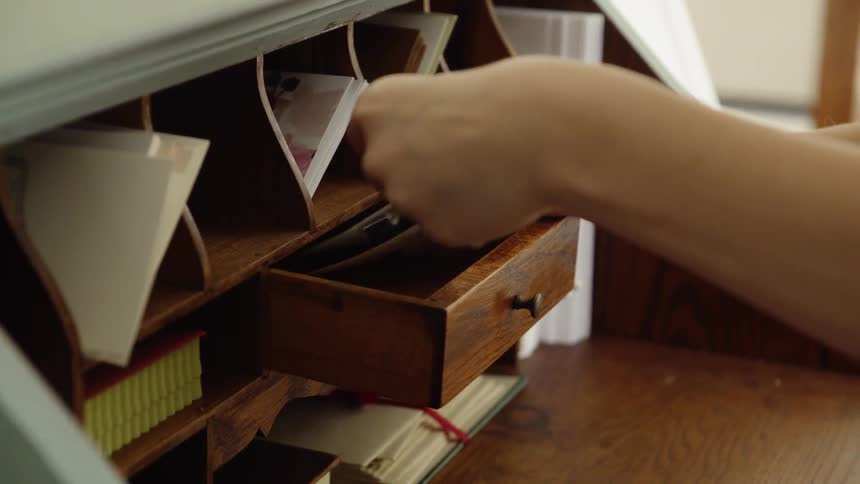 A woman takes a stamp book out of a desk drawer
