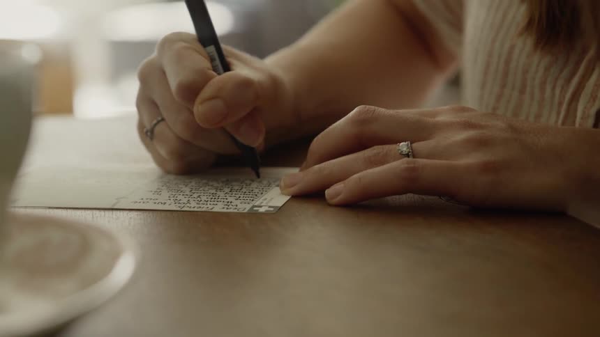 Woman writes on the back of a postcard