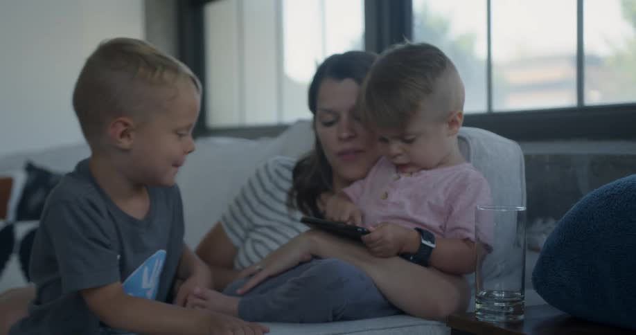 Woman sits on a couch with two boys on her lap
