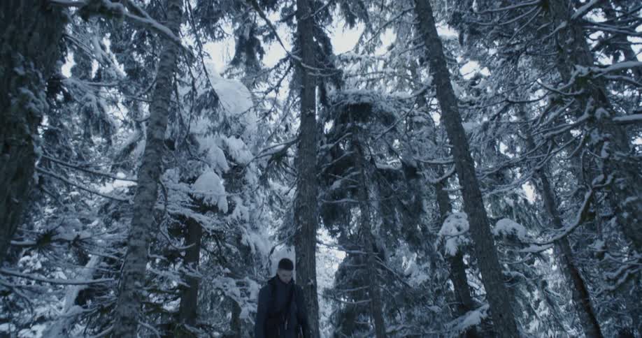 Man is standing in forest covered in snow