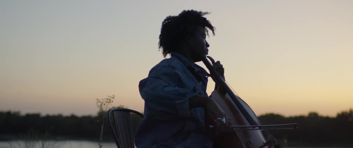 A cellist plays next to a lake at sunset