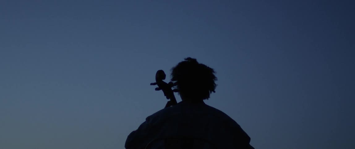 The person is playing an instrument at sunset