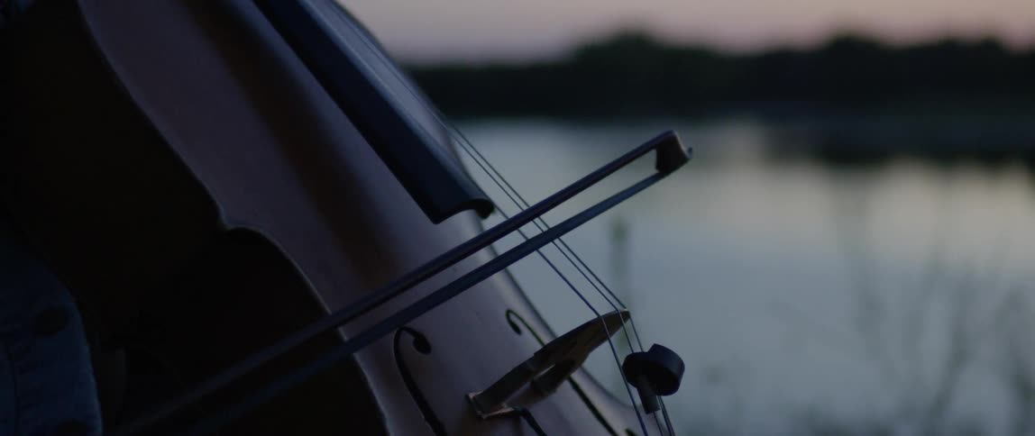 A cellist plays next to a lake at sunset