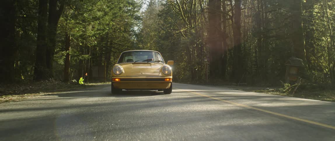 A car travels on a forest road