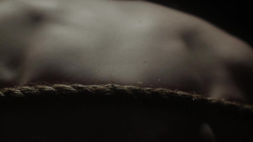 A shirtless man is bound in a rope