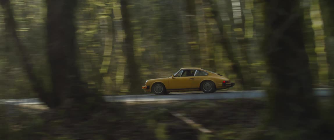 A yellow car is driven through a forest