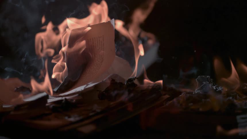 A fire burns up a book