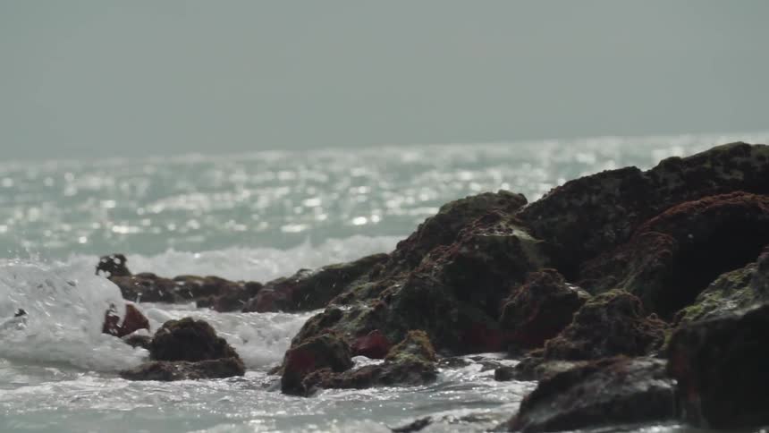 The ocean waves roll in and lap at a pile of rocks