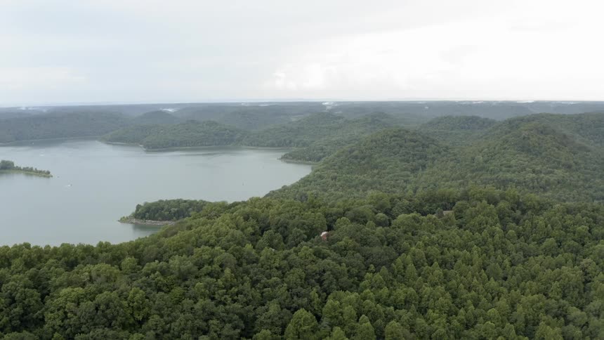 The dense forest on the hills lead to a lake