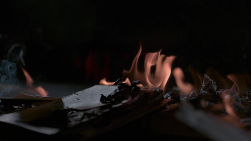 The burning pages fall all over in ashes