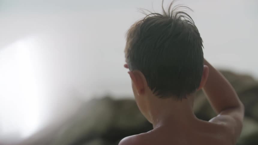 A boy looks at the ocean