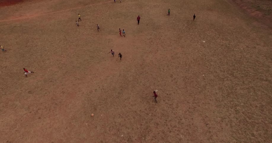 Aerial view of children playing soccer