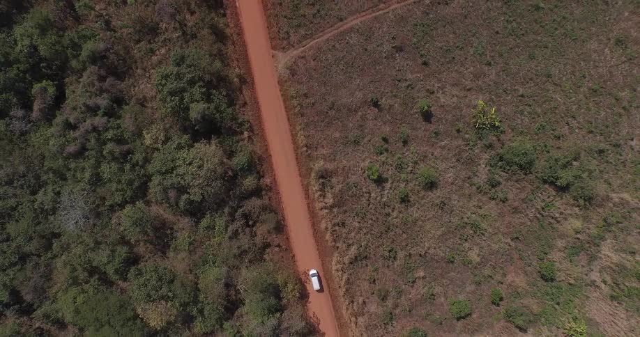 A vehicle drives down a road in the wilderness
