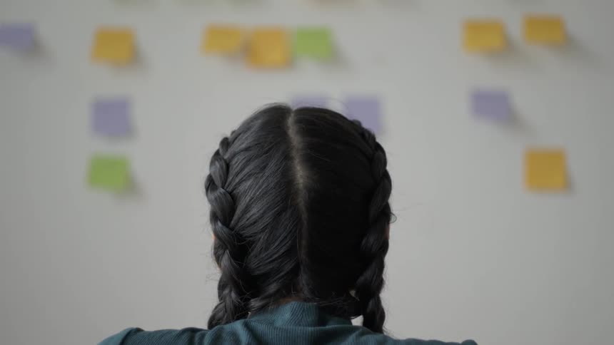 A woman is studying a whiteboard filled with post-it notes