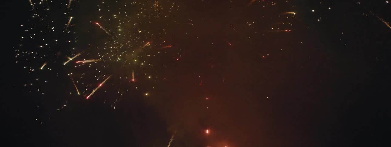 Fireworks are shooting up into the sky and exploding over a bay at night