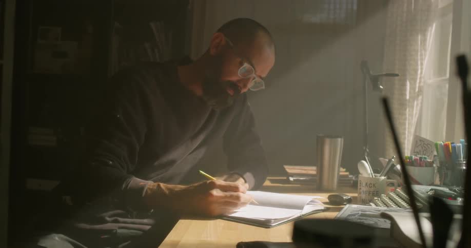 The man is writing in his notebook