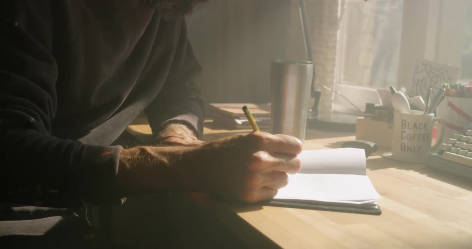 A man is drawing in a notebook as he sits at a desk by a window in daylight