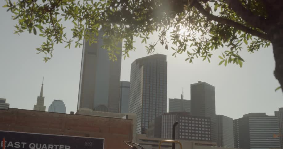The sun is shining through tree branches in an urban setting during the day