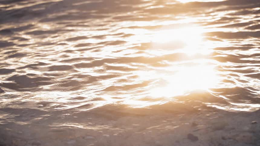 Sunlight is glimmering off the ocean at sunset