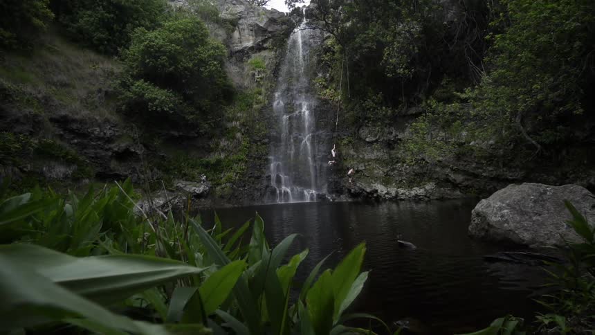 A waterfall flows over a cliff in the wilderness