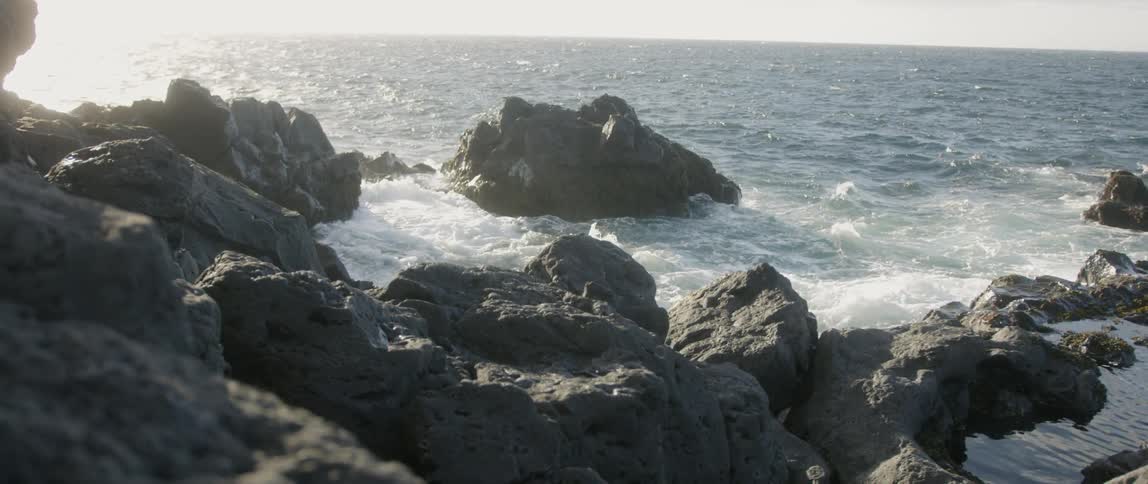 Ocean waves crash into a rocky shore