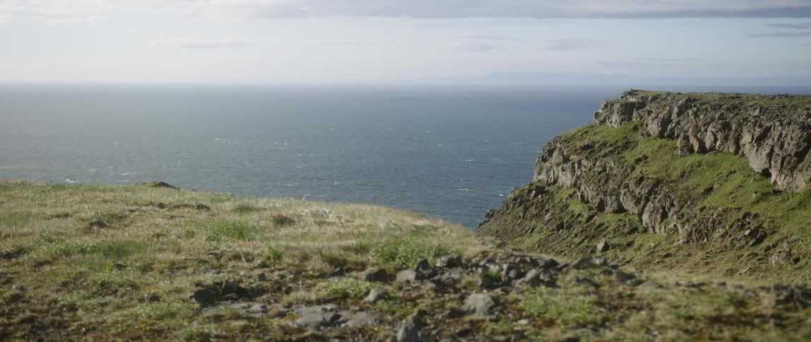 Sun shines over grassy cliffs overlooking the ocean